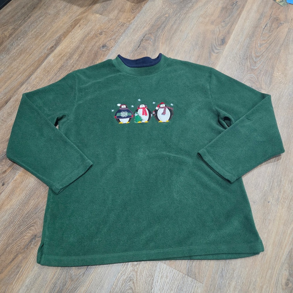 C&B Sport Croft & Barrow Green Fleece Penguin Christmas Sweatshirt Large